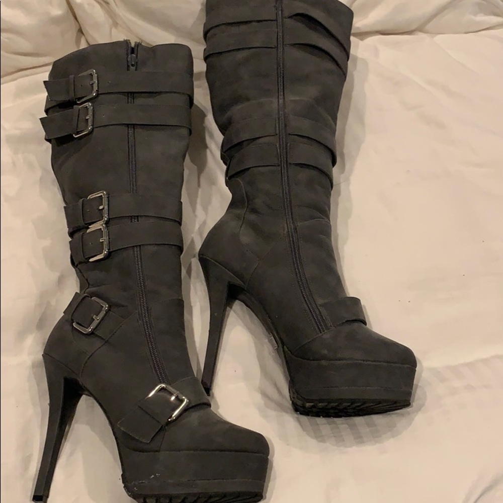 Grey Faux Leather Platform Spike Heeled Boots